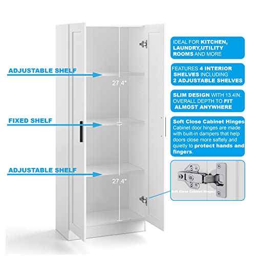 Wooden Storage Cabinet, Narrow Pantry Cabinets Free Standing Tall Storage Cabinet with 2 Doors and Shelves (White)