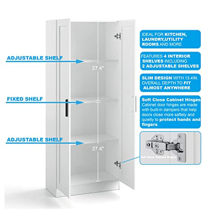 Wooden Storage Cabinet, Narrow Pantry Cabinets Free Standing Tall Storage Cabinet with 2 Doors and Shelves (White)