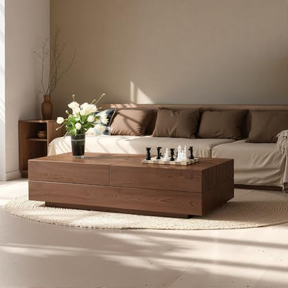 Mid-Century Modern Farmhouse 47.2-81.8" Expandable Coffee Table，Adjustable Center Table with Large Storage for Living Room, Walnut