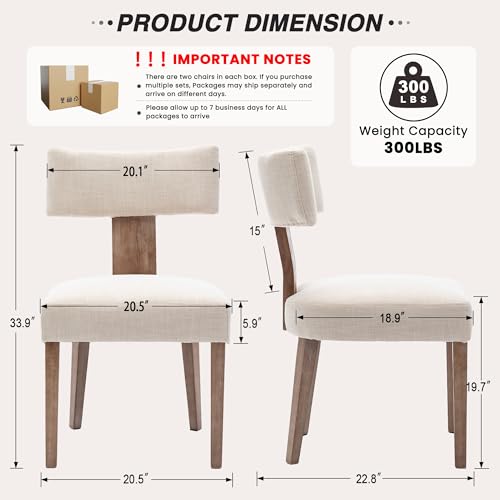 Mid Century Modern Dining Chairs Set of 6, Upholstered Linen Kitchen & Dining Room Chairs with Ergonomic Curved Backrest, Solid Wood Legs, Farmhouse Accent Chair for Home, Apartment, Beige