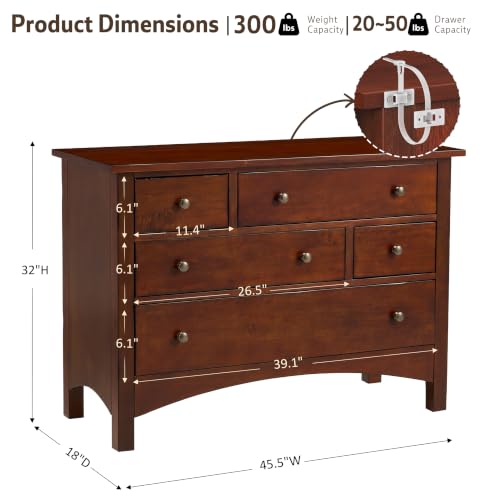 Jacob Solid Wood 5-Drawer Dresser for Bedroom, Living Room（Walnut）, view 3