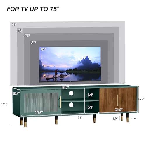 TV Stand with Glass Sliding Door, Mid Century Modern TV Cabinet, view 3