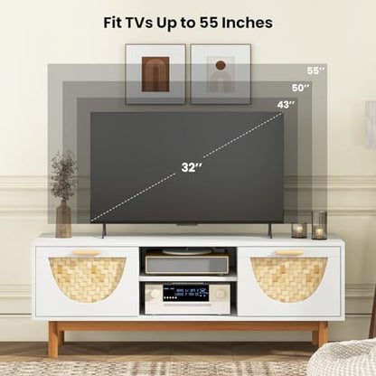 White TV Stand for 55 Inch TVs, Mid Century Modern Entertainment Center with 2 Drawers & Bamboo Woven Fronts, Solid Wood Legs, Boho TV Console Table for Living Room (White, 47.5”, for 55"TV)