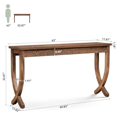 63-Inch Solid Wood Console Table for Entryway | Farmhouse Narrow Long Sofa Table with Curved Legs, Brown