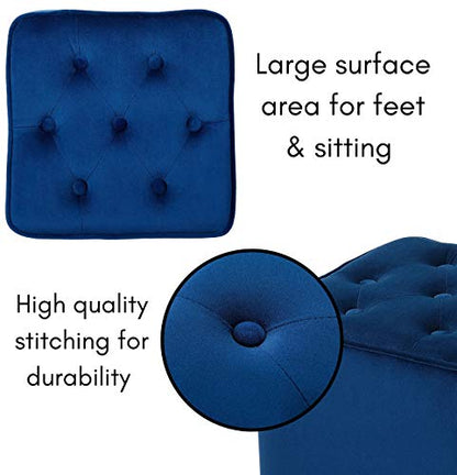 Tufted Navy Velvet Ottoman Foot Stool - Square - Soft Compact Padded Stool - Great for The Living Room, Bedroom and Kids Room - Upholstered Small Furniture