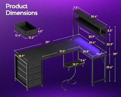 L Shaped Gaming Desk with 4 Drawers, 59" Reversible Computer Desk with Hutch and Shelves, Gamer Desk with LED Lights, Power Outlets, Home Office Corner Desk with Gird Pegboard, Black