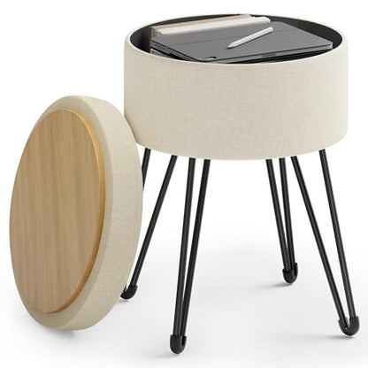SONGMICS Vanity Stool Chair, Small Ottoman Stool with Storage, Vanity Chair, 15.4 Dia. x 17.4 Inches, 4 Metal Legs, for Makeup Room, for Living Room, Bedroom, Cream White ULOM002W01