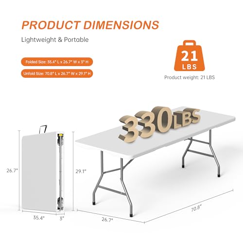 Set of 2 6 Foot Folding Table for Indoor Outdoor, Portable Heavy Duty Fold-in-Half Utility Plastic Foldable Dining Table with Carrying Handle for Picnic, Camping and Party, 2 Pack White