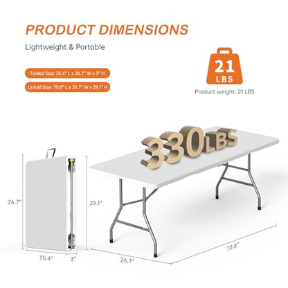 Set of 2 6 Foot Folding Table for Indoor Outdoor, Portable Heavy Duty Fold-in-Half Utility Plastic Foldable Dining Table with Carrying Handle for Picnic, Camping and Party, 2 Pack White