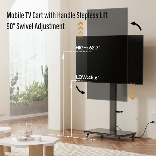 Mobile TV Stand with Power Outlet, Height Adjustable with Handle Stepless Lift,Rolling TV Stand for 32-75inch TVs with 90 Rotating,Portrait to Landscape,TV Cart with Wheels Holds up to 110lbs (Black)