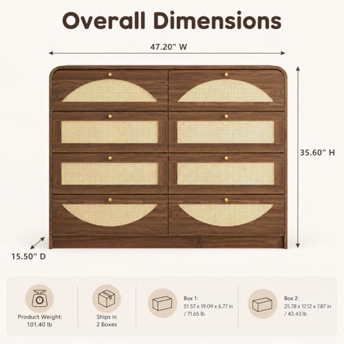 Rattan Dresser for Bedroom,59" Modern Closet Dressers Chest with 8 Drawers,Boho TV Stand for for Bedroom,Living Room,Hallway
