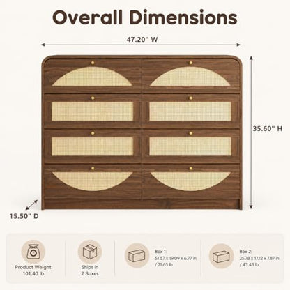 Rattan Dresser for Bedroom,59" Modern Closet Dressers Chest with 8 Drawers,Boho TV Stand for for Bedroom,Living Room,Hallway