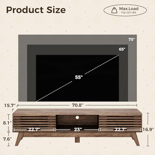 70.8" TV Stand, Media Console for TVs up to 75", Walnut, view 3