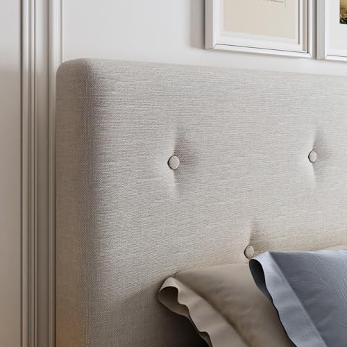 Queen Size Linen Bed Frame with Adjustable Headboard Beige, view 4