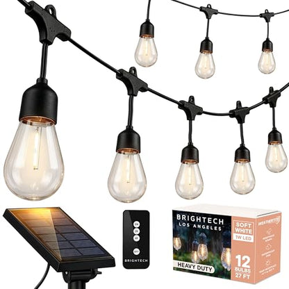 Ambience Pro – Solar Power Remote Control Outdoor String Lights with Edison Bulbs – Shatterproof, Commercial Grade LED Waterproof Patio Lights – 1W, 3,000K, Hanging, 27 ft