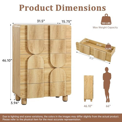 Fluted Oak 5 Drawer Dresser with Curved Profile, view 4