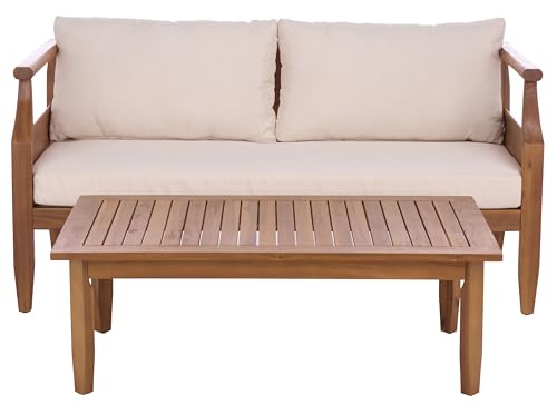 SAFAVIEH Outdoor Patio Furniture Collection - Alta Teak & Cream Solid Wood Bench with Cushions and Slatted Coffee Table, 2-Piece Set (PAT6812A)