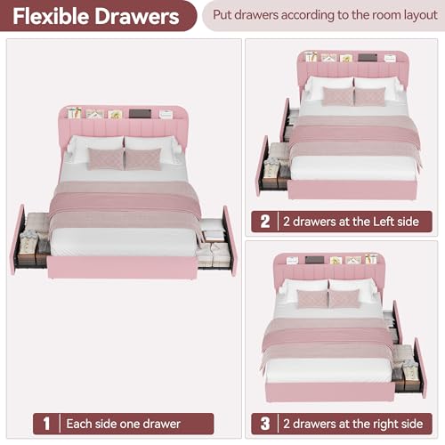 Upholstered Bed Frame with 2 Storage and Drawers, Boucle Soft Platform Bed, view 7