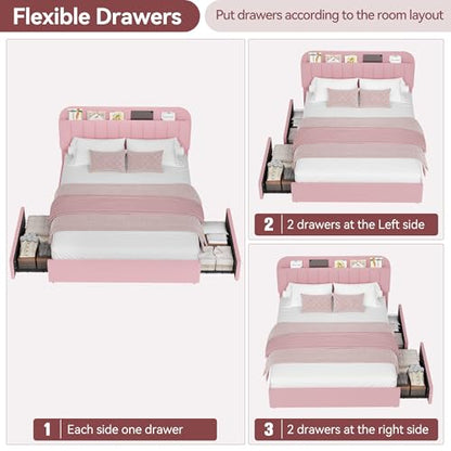 Upholstered Bed Frame with 2 Storage and Drawers, Boucle Soft Platform Bed, view 7