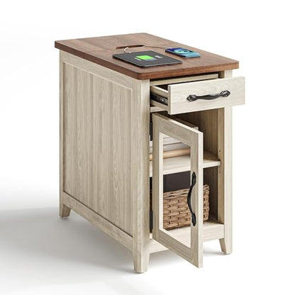 End Table with Charging Station, Modern Farmhouse Wooden Side Table with Drawer, Detachable Holder, Extra Storage & Display Space, for Living Room and Bedroom, Glass Door, Washed Grey