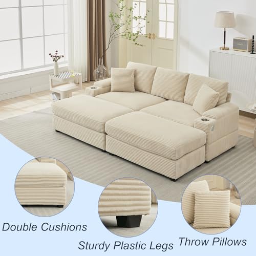 86.6" Sectional Sofa Couch with 2 Ottomans, Comfy Corduroy Upholstered Cloud Modular Convertible Couch with Cup Holders and USB, Armrest Storage, Deep Seat Oversized Loveseat for Living Room, Beige