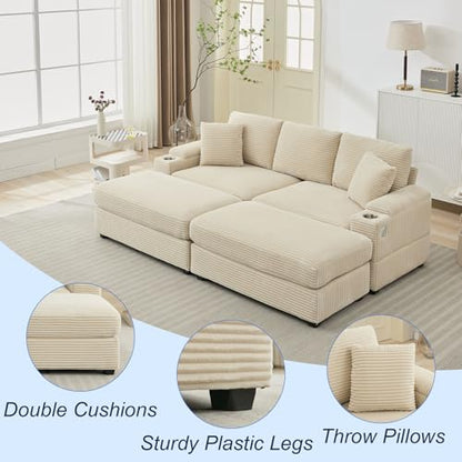 86.6" Sectional Sofa Couch with 2 Ottomans, Comfy Corduroy Upholstered Cloud Modular Convertible Couch with Cup Holders and USB, Armrest Storage, Deep Seat Oversized Loveseat for Living Room, Beige