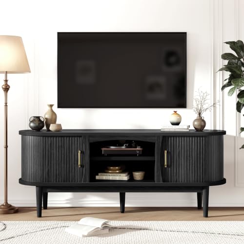 58" Fluted TV Stand, Mid Century Modern Entertainment Center, Black, view 8