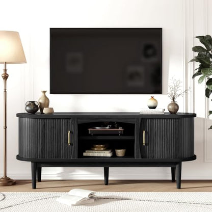 58" Fluted TV Stand, Mid Century Modern Entertainment Center, Black, view 8