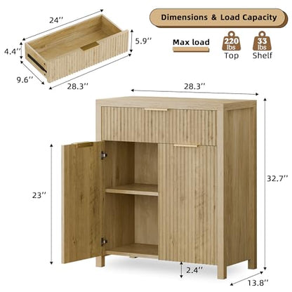 Storage Cabinet Fluted Sideboard Buffet Cabinet with Adjustable Shelves & Quality Wooden Tabletop, Modern Accent Credenza Media Console for Living Room, Entryway, Hallway, Natural Oak