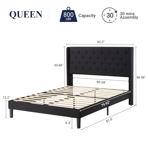 Queen Size Bed Frame with Button Tufted Wingback Headboard, Black, view 3