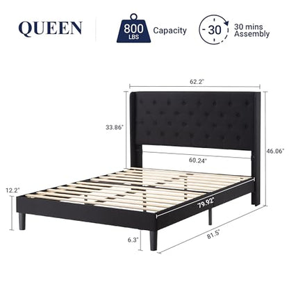 Queen Size Bed Frame with Button Tufted Wingback Headboard, Black, view 3