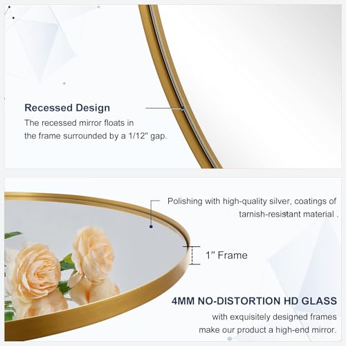 Round Gold Mirror 30 inch, Brass Mirror with Brushed Gold Frame, Wall Mounted Stainless Steel Metal Frame Round Mirror for Bathroom, Living Room, Bedroom