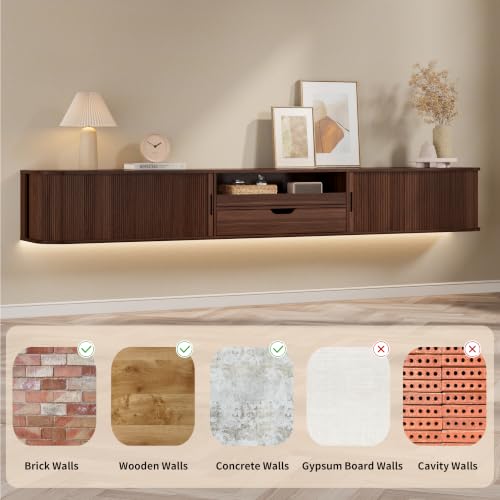 94.8" Floating Fluted TV Stand with Drawer & LED for TVs up to 100", Walnut, view 4