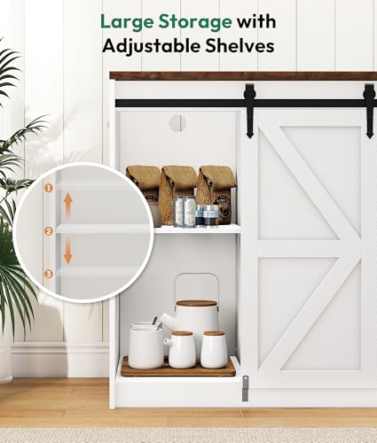 Farmhouse Coffee Bar with Mini Fridge Space & Power Outlet, White | Mini Fridge Cabinet, Barn-door Design, Adjustable Shelves, For Kitchen, Dining Room, Living Room