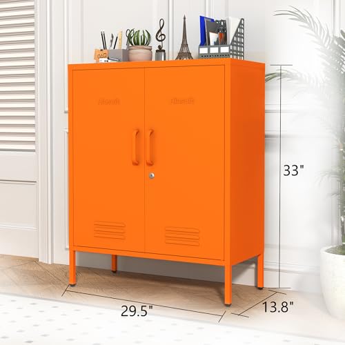 Multipurpose Accent Cabinet Locker, Metal Storage Cabinet with 2 Adjustable Shelves, Heavy Duty & Lockable Organizer Made of Thickened Steel, Easy Assembly for Home, Entryway, Orange