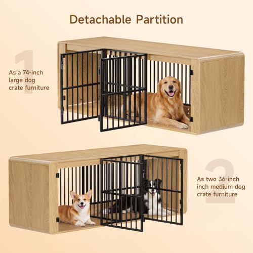 74" Double Dog Crate Furniture TV Stand for Large Dogs, Natural Oak, view 5