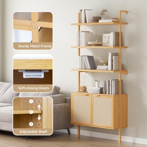 71in Rattan Ladder Bookshelf - 31.5in Wide Book Shelf with Storage, 6-Tier Bookcase with Doors for Living Room,Bookshelf with Cabinet, Oak