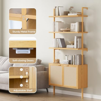 71in Rattan Ladder Bookshelf - 31.5in Wide Book Shelf with Storage, 6-Tier Bookcase with Doors for Living Room,Bookshelf with Cabinet, Oak