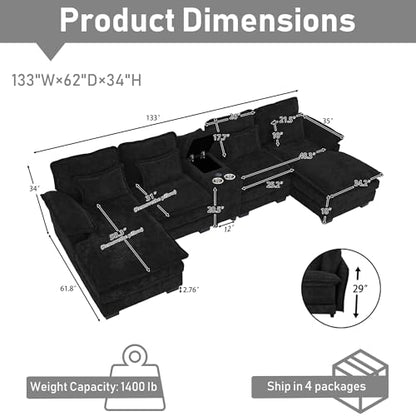 133" Oversized U Shaped Cloud Couch Modular Sectional Couches for Living Room Comfy Chenille Deep Seat Sofa Set with Double Chaise Lounge, Storage Central Console, Cup Holders, USB Port, Dark Black
