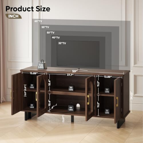 59" Mid-Century TV Stand with Arched Glass Doors, Walnut, view 3