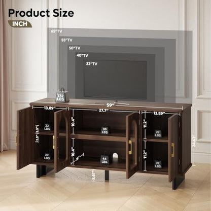 59" Mid-Century TV Stand with Arched Glass Doors, Walnut, view 3