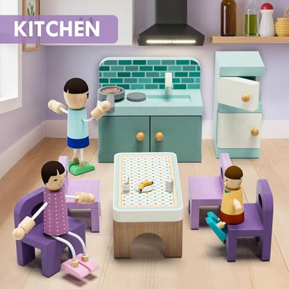 Wooden Dollhouse Furniture Set 39 Pcs with 5 Rooms, Family Dolls & Pets, All-Wooden Doll House Accessories and Furniture, Pretend Play Dollhouse Accessories Toy Gift for Kids 3+