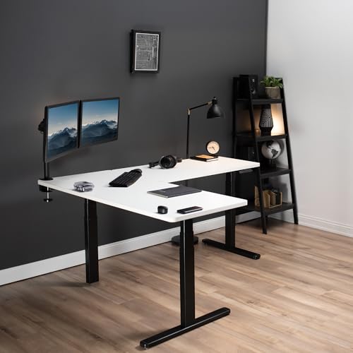 VIVO Electric Height Adjustable 83 x 60 inch Corner Stand Up Desk, 2 White Solid Table Tops, White Frame, Memory Controller, L-Shaped Workstation, 3E Series, DESK-KIT-3E8W