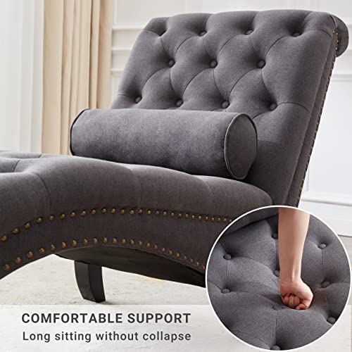 Button-Tufted Chaise Lounge Indoor with Solid Wood Legs & Support Pillow, view 5