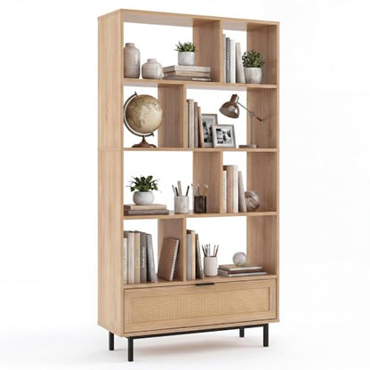 64" Tall Bookshelf with Rattan Drawer, 6-Tier Wood Bookcase with 8 Open Storage Cubes, Metal Legs, Freestanding Display Storage Organizer for Living Room, Home Office, Kitchen (Natural)