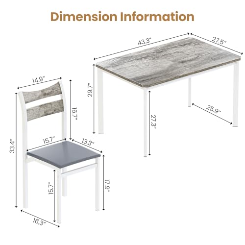 Dining Table Set for 4, 43.3" Dining Room with 4 Upholstered PU Leather Chairs, Modern Wood Table and Chairs Set, 5-Piece Dinette Breakfast Nook, Small Places, Grey