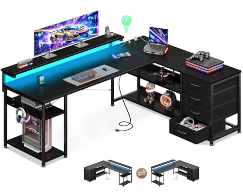 61" L Shaped Desk with Drawer, Computer Desk with Power Outlets & LED Lights, Reversible Corner Gaming Desk for Home Office Workstation, Office Desk with Monitor Shelf, Pure Black