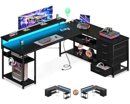 61" L Shaped Desk with Drawer, Computer Desk with Power Outlets & LED Lights, Reversible Corner Gaming Desk for Home Office Workstation, Office Desk with Monitor Shelf, Pure Black
