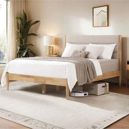 Wood Bed Frame with Upholstered Headboard, Oat, Queen, view 4