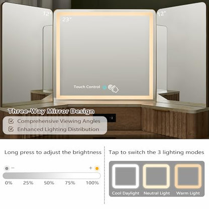 48" Fluted Corner Makeup Vanity Desk with 3 Way Mirror and Light, view 5